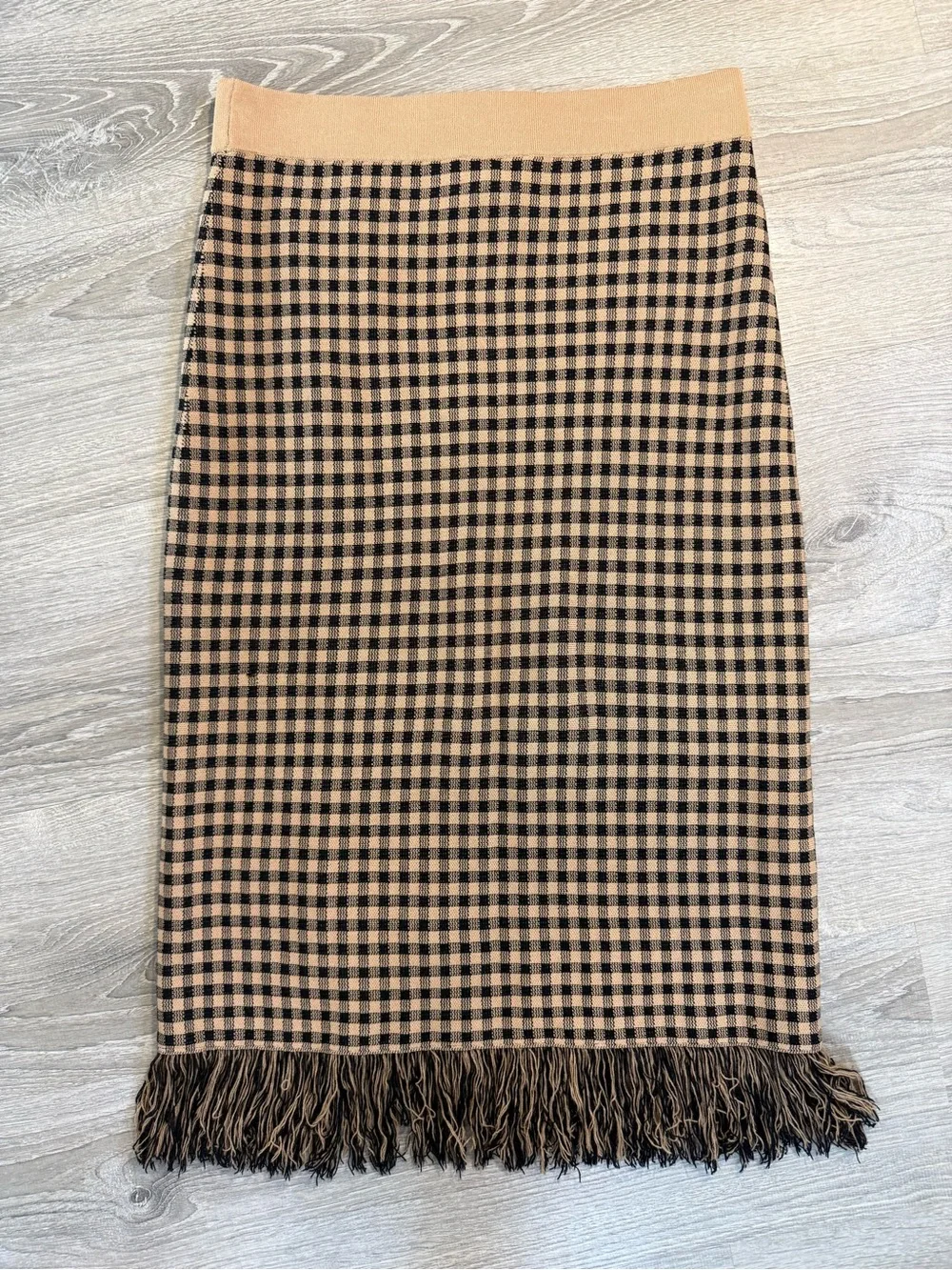 Nanette Lepore Tan and Black Checked Fringe Midi Skirt